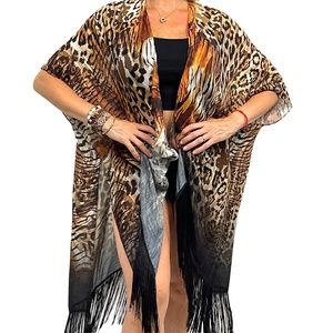 Rosettes, Leopard Print Cover Up / Kimono w Side Slits And Flows Black Fringe
